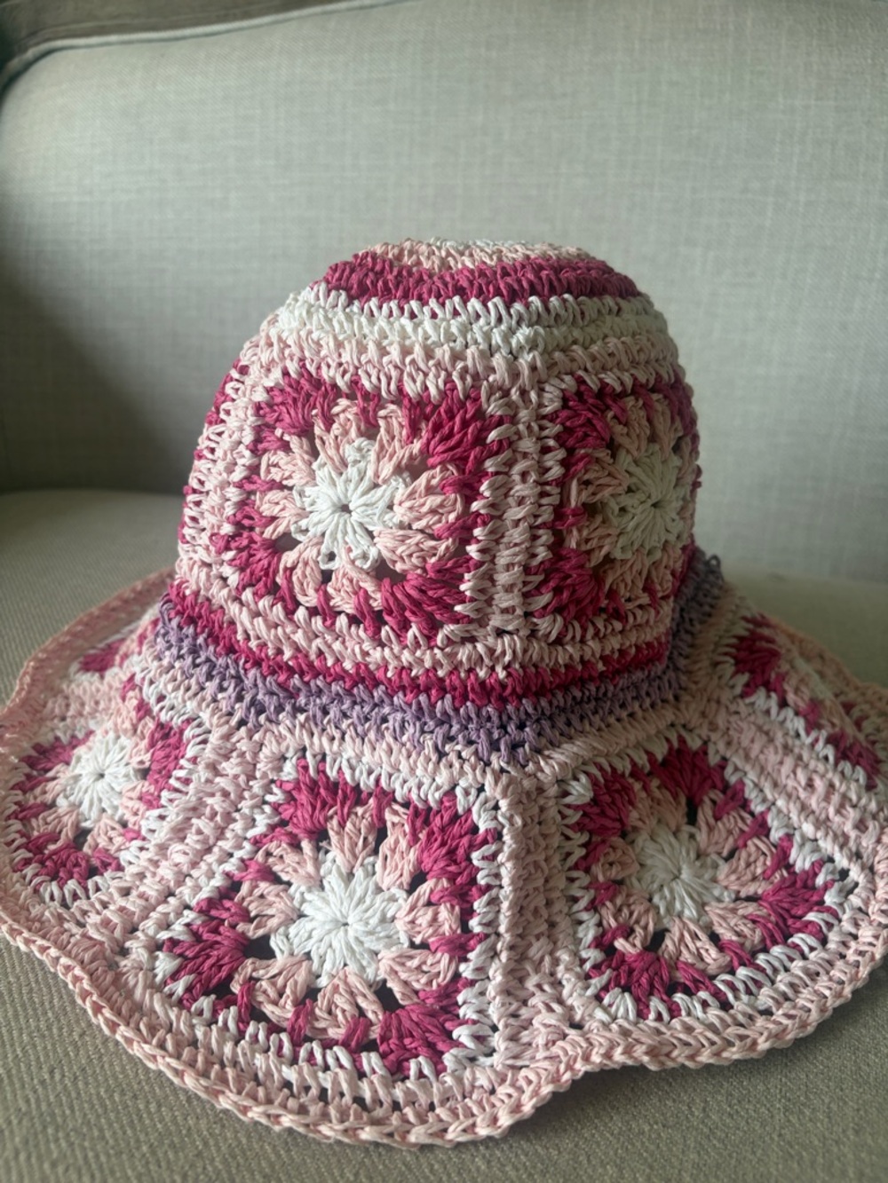 Steve Madden Pink Multi Floral Paper Yarn Crochet Granny Square Bucket Hat